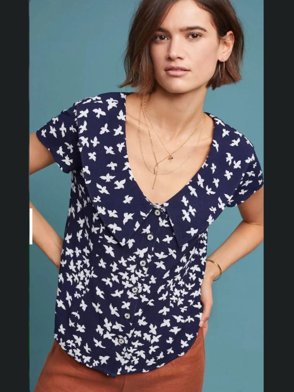 Maeve Anthropologie Simona Blouse Navy White Bird Pattern Button Front